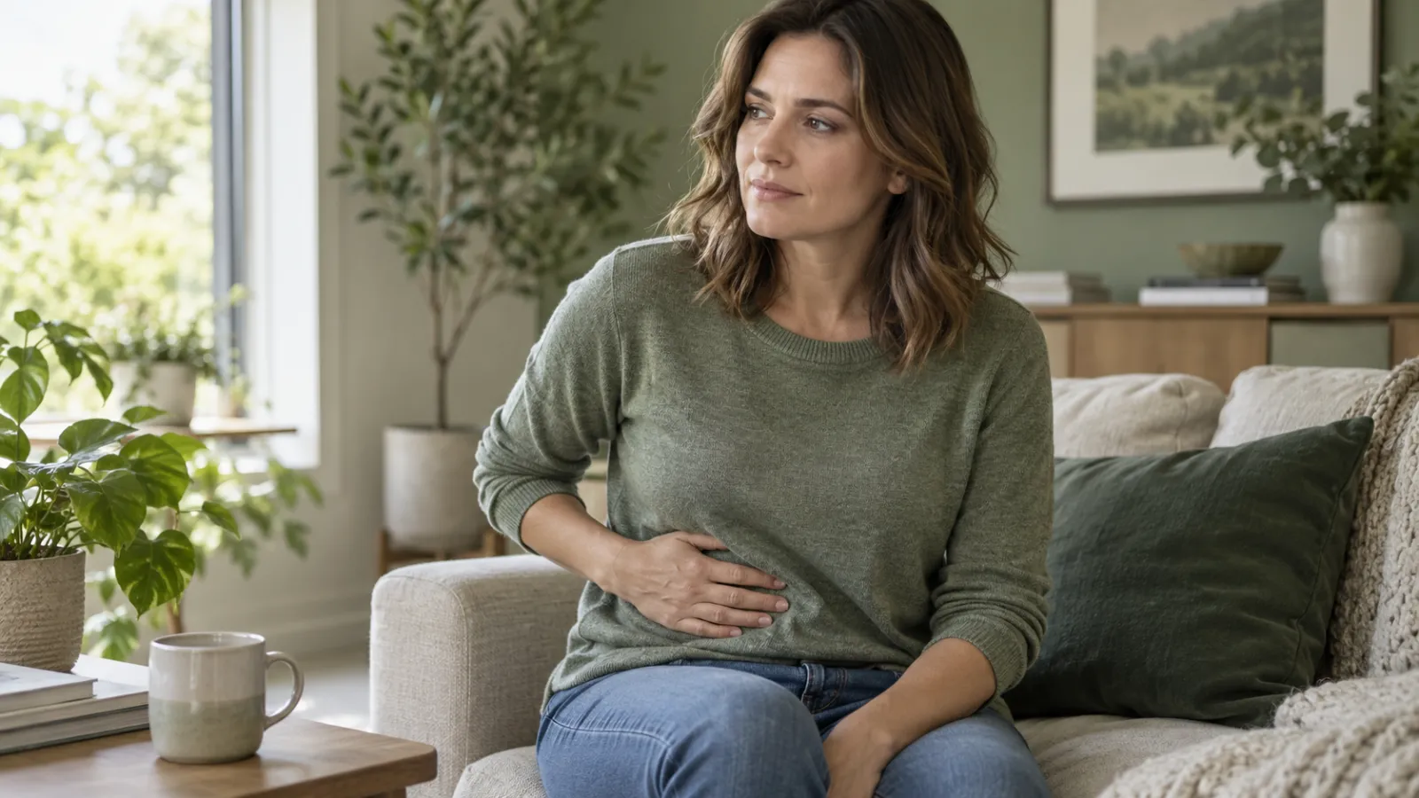 Osoba siedzi na kanapie i trzyma się za prawy bok