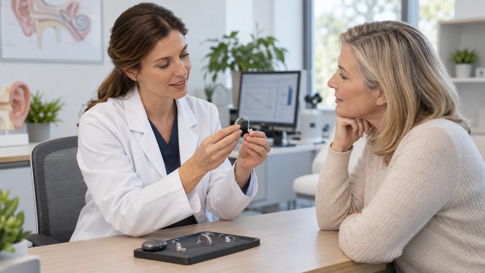 En audionom visar en hörapparat för en äldre patient.