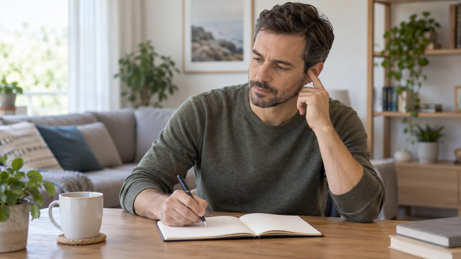 Hombre adulto se toca la oreja mientras anota información en una libreta.