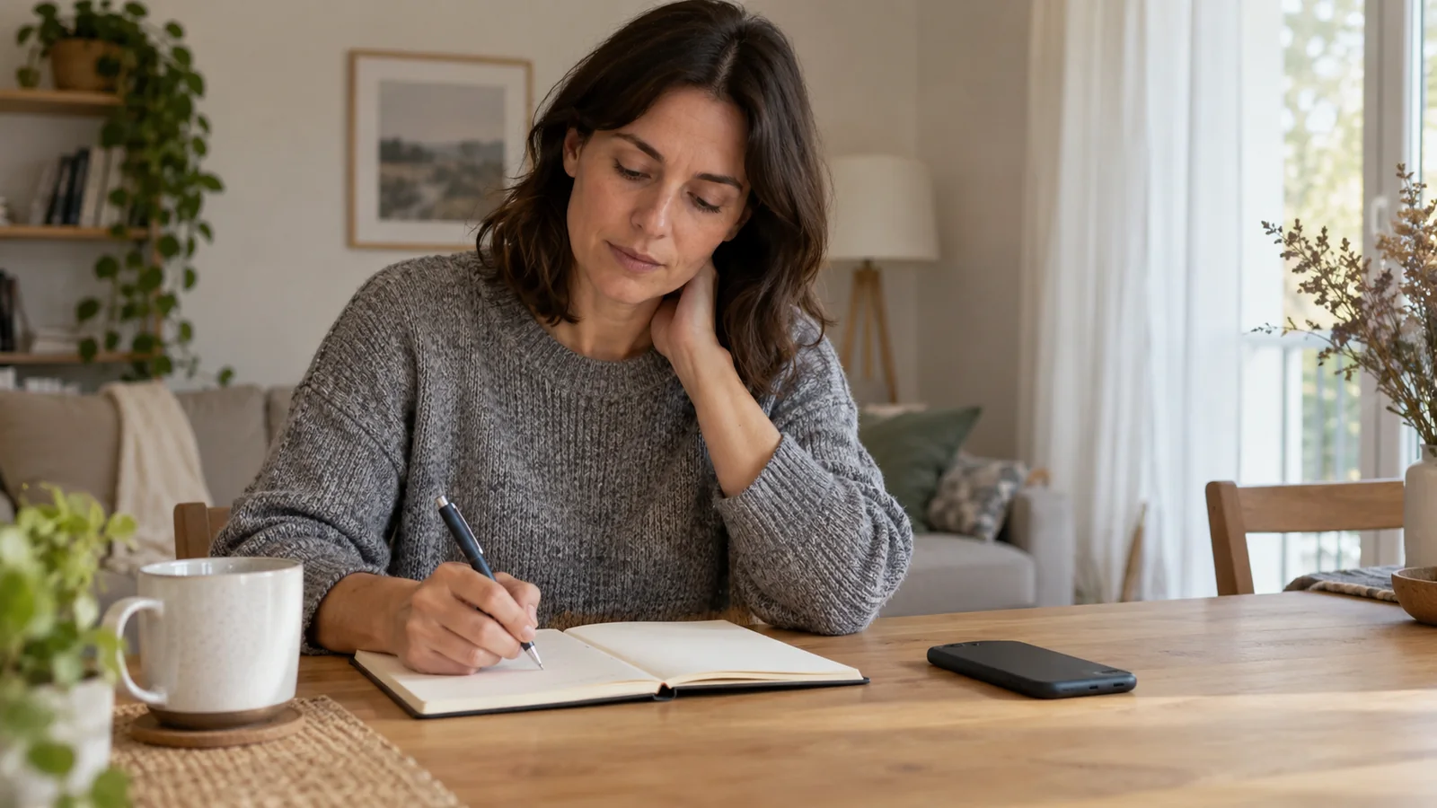 Mujer anota observaciones en un cuaderno mientras está en casa.