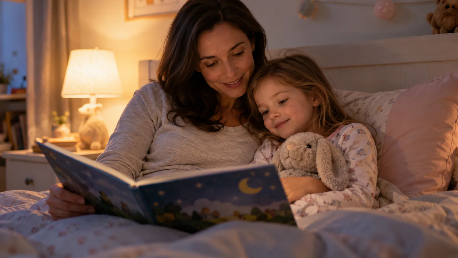 Um adulto lê uma história a uma criança num quarto tranquilo antes de dormir