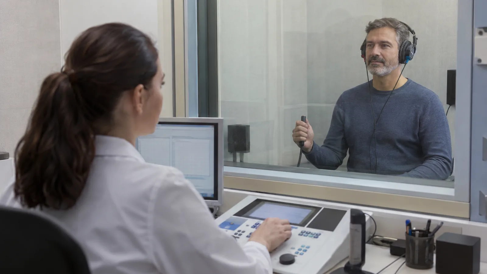 Hombre adulto realiza una prueba auditiva con auriculares mientras una profesional maneja la consola.