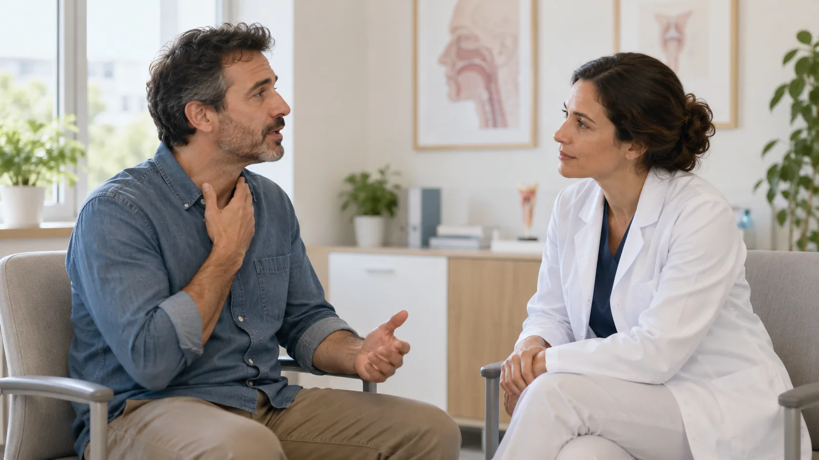 Un hombre adulto conversa con una profesional sanitaria en una consulta por un cambio de voz.