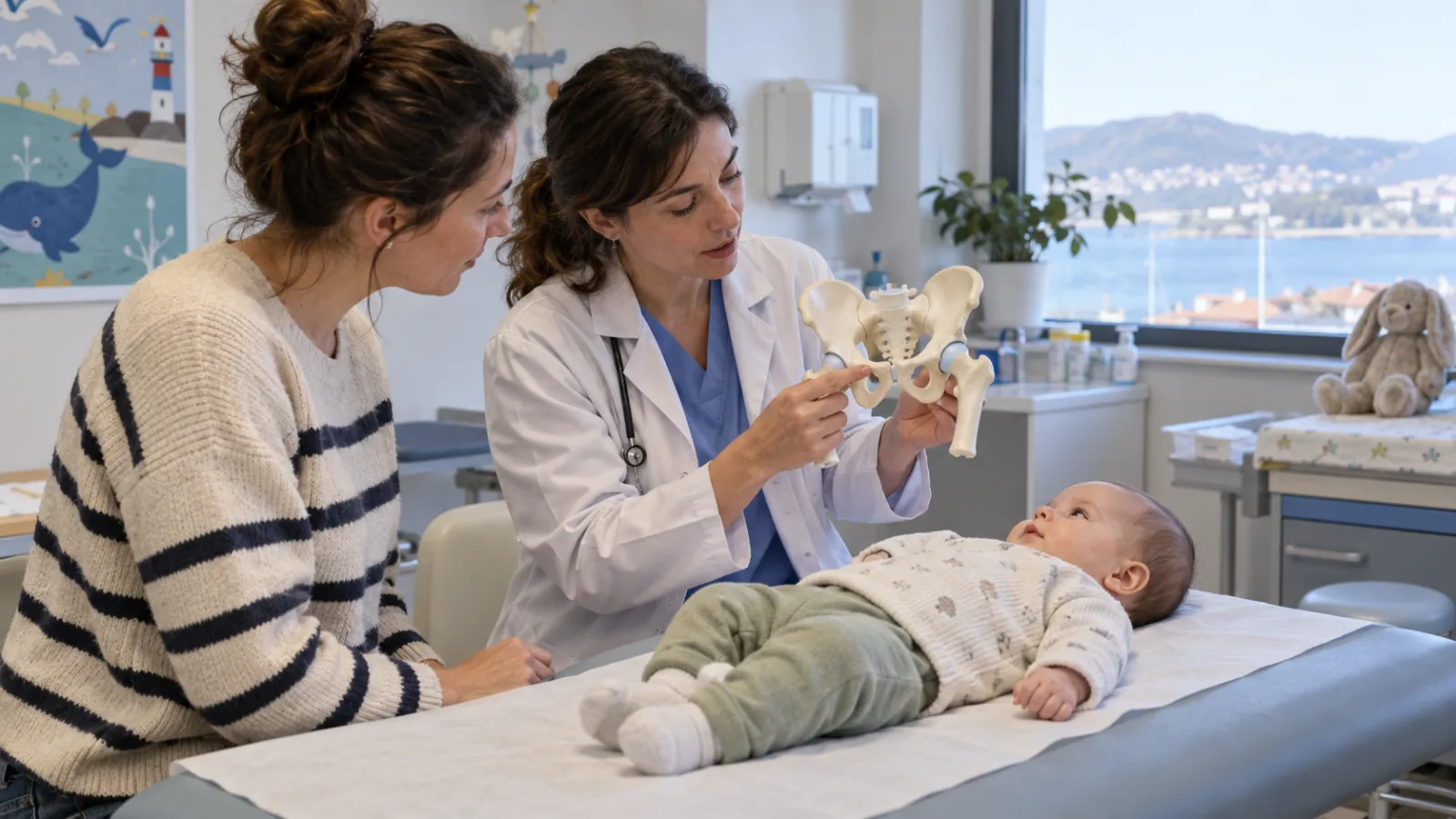 Uma pediatra conversa com uma família durante a revisão de um bebê