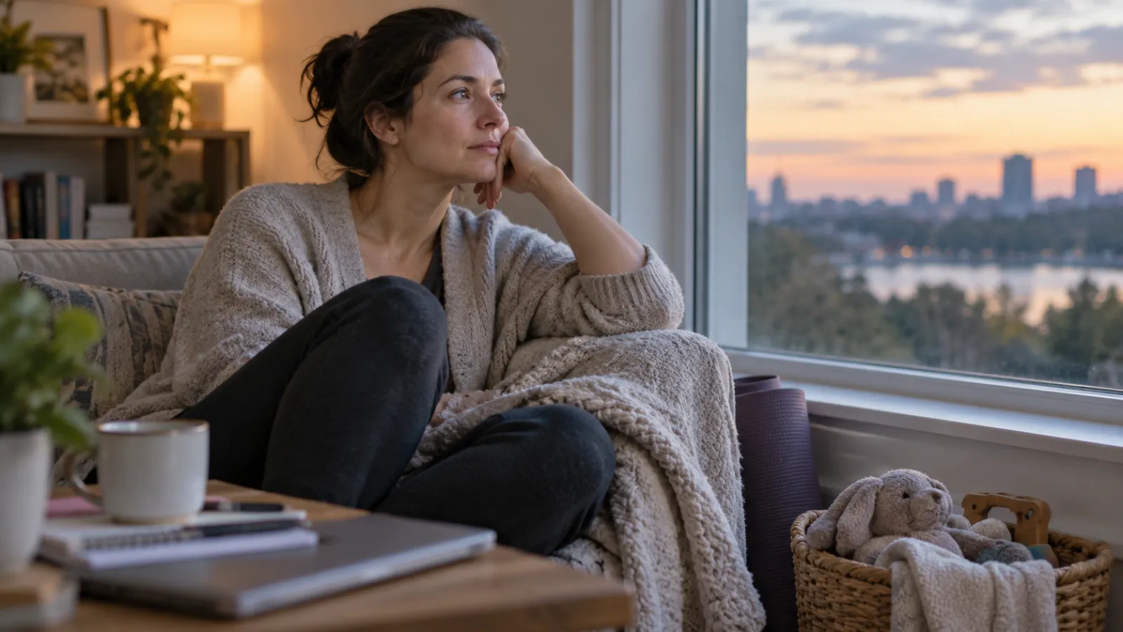 Una persona adulta reflexiona junto a una ventana después de un día ocupado.