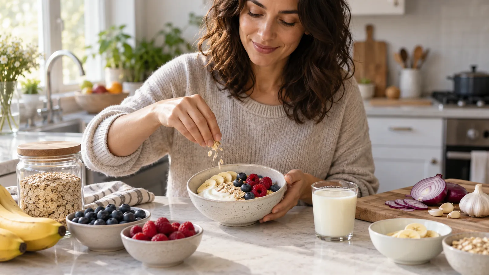 Una donna in cucina aggiunge frutti di bosco a una ciotola di cereali e yogurt