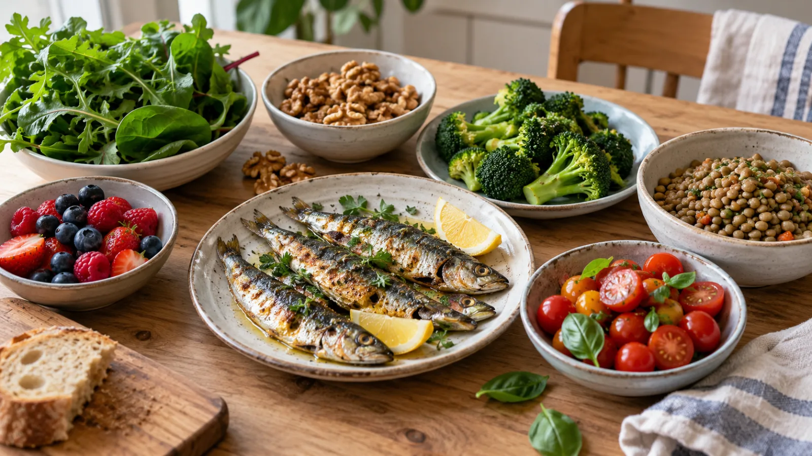 Ciotole di spinaci, broccoli, legumi, frutta secca e pomodorini accanto a filetti di pesce