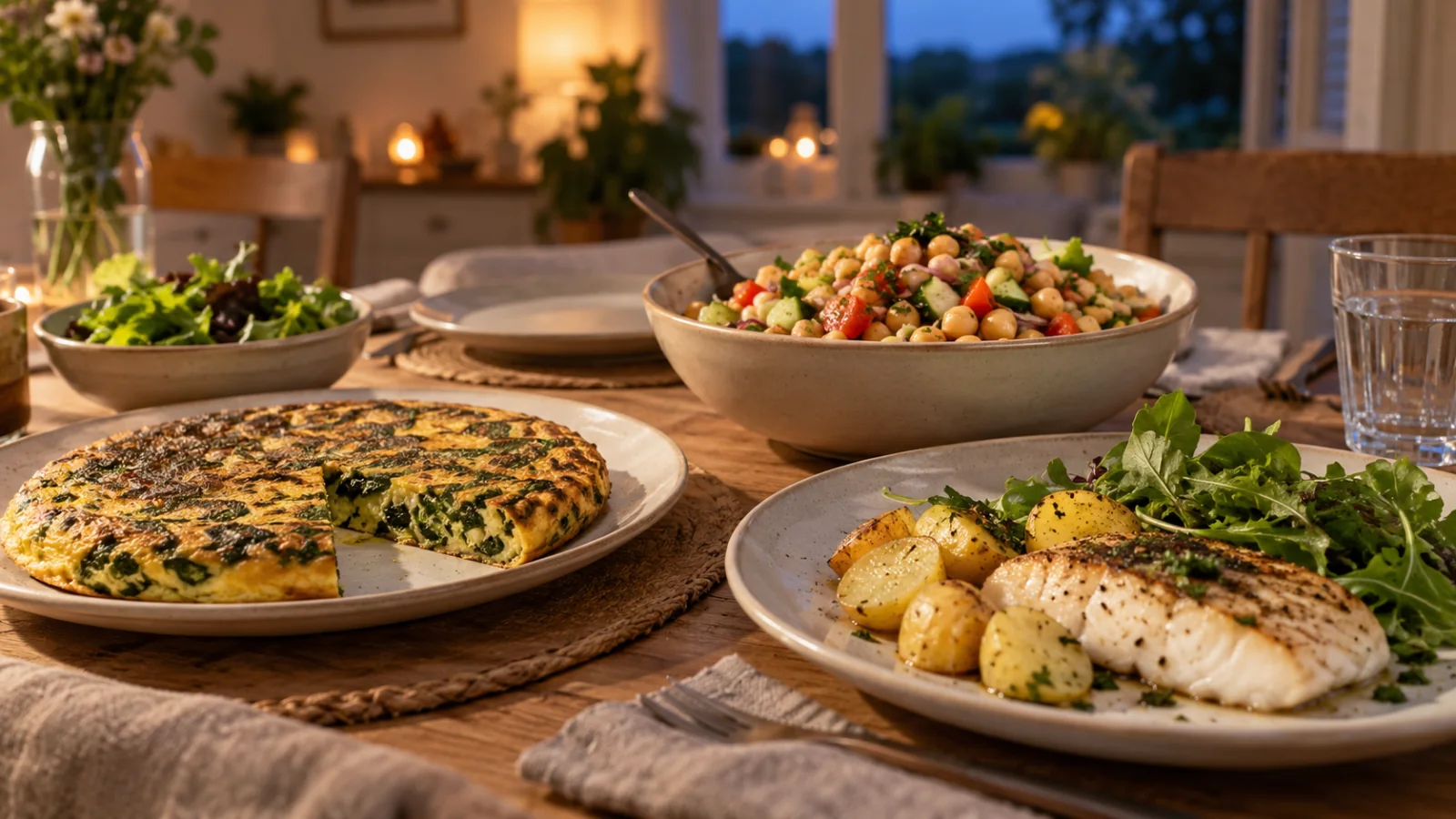 Gedeckter Abendbrottisch mit Gemüse-Omelett, Kichererbsensalat, gebratenem Fisch mit Kartoffeln und grünem Salat