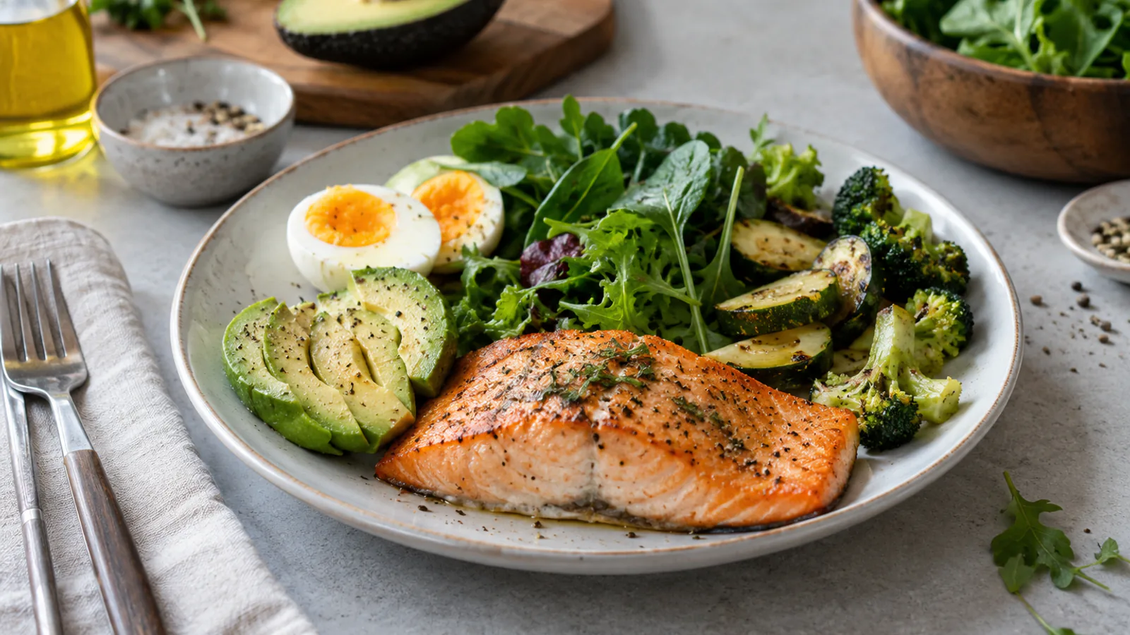 Tallerken med laks, avokado, kokte egg, grønne blader og brokkoli