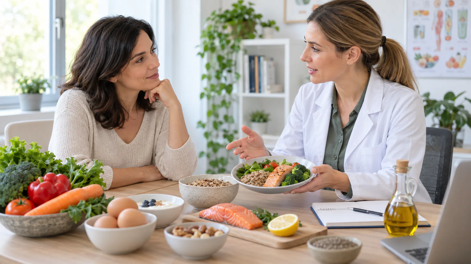 Una donna e una dietista parlano di un pasto equilibrato durante una consulenza nutrizionale