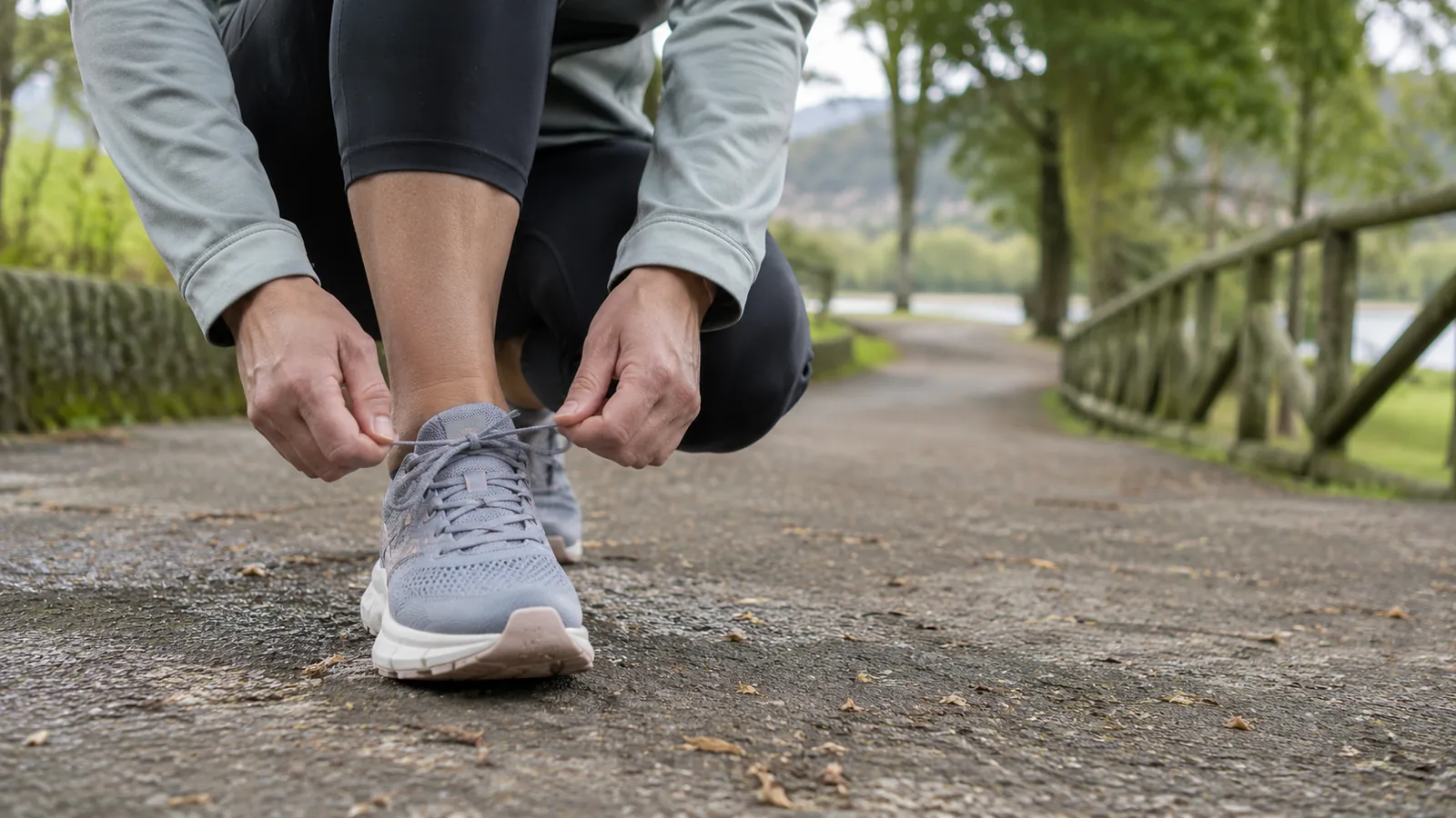Una persona se prepara para caminar atándose las zapatillas en un sendero arbolado.