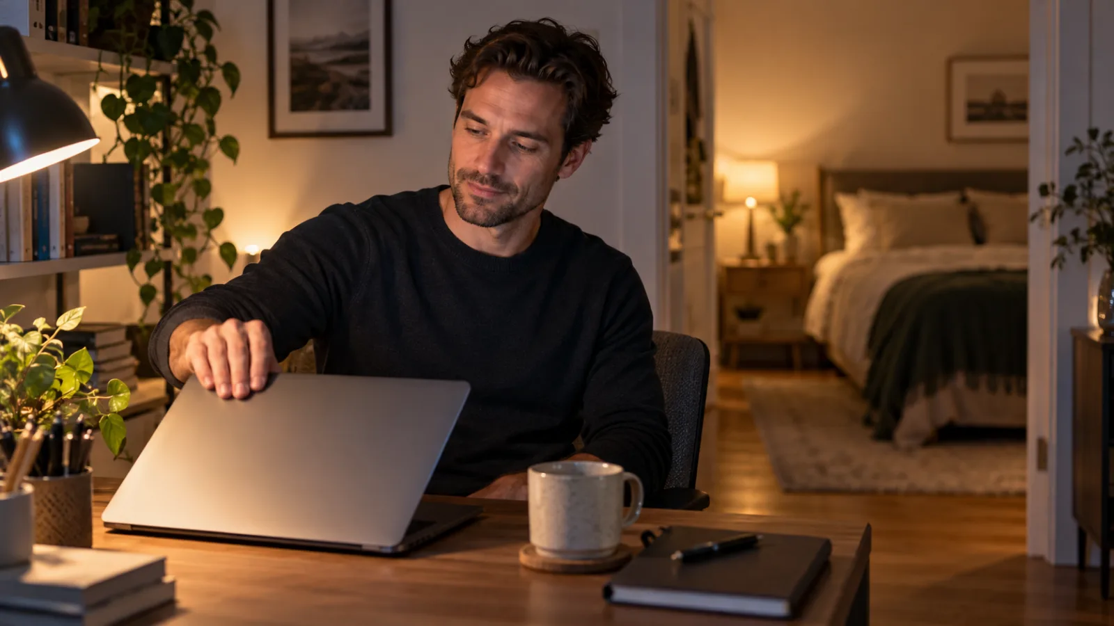 Homem trabalhando com o computador portátil no quarto, de noite