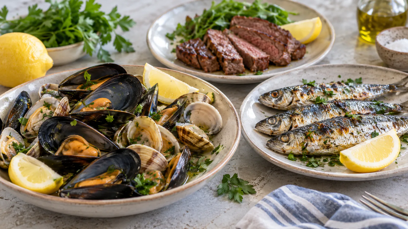 Kød, fisk og muslinger