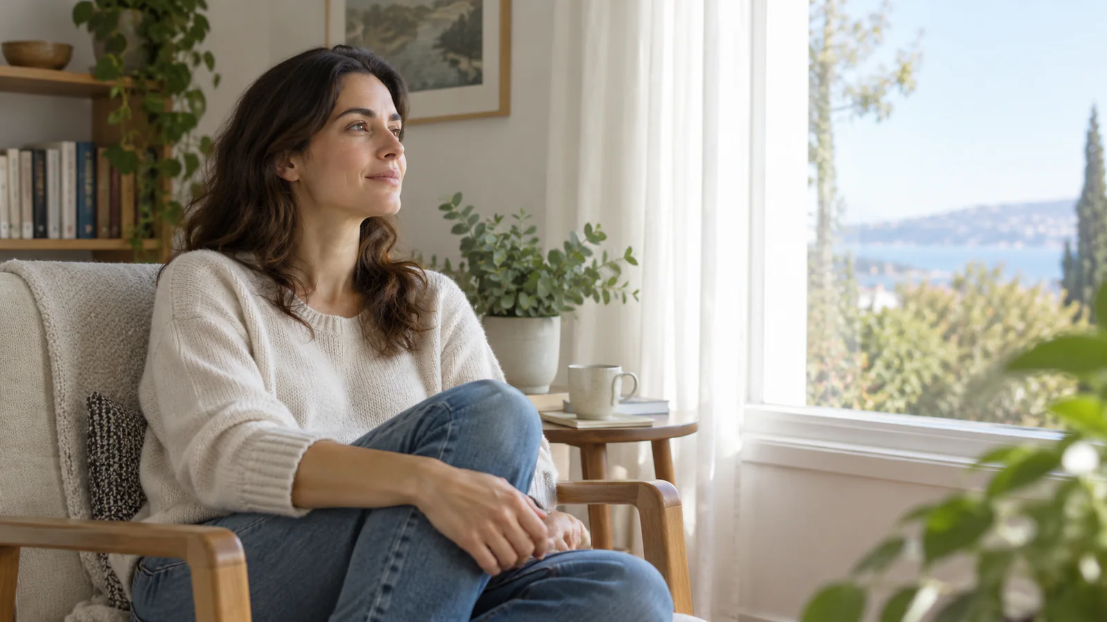 Una persona adulta hace una pausa tranquila junto a una ventana luminosa.