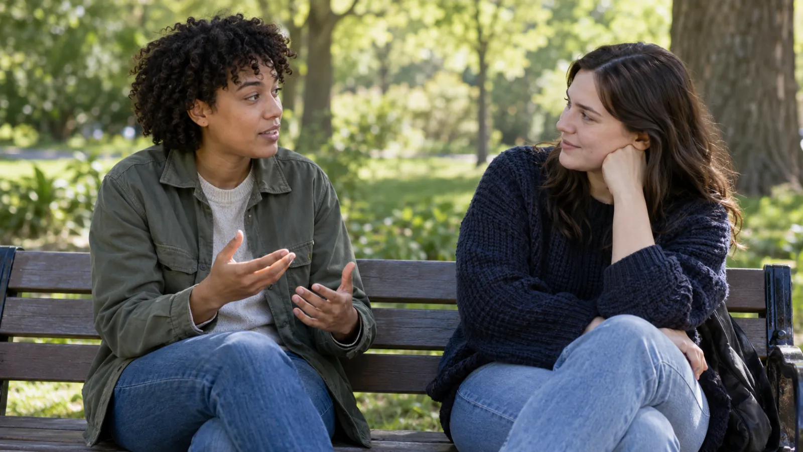 Dos personas adultas conversan como amigas en un parque.
