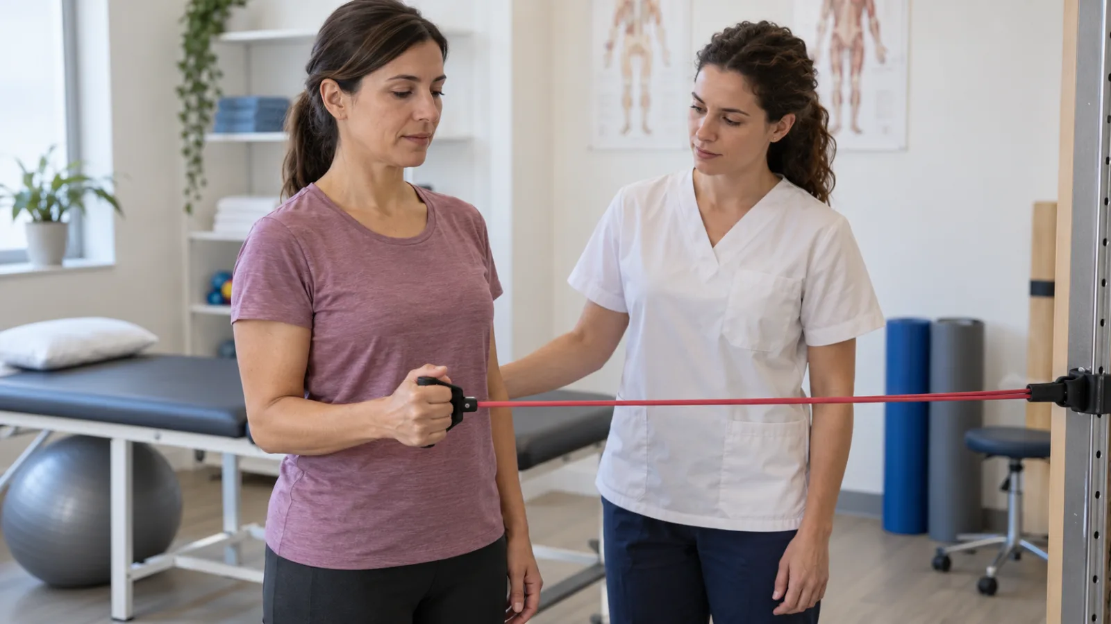 Vrouw oefent met een elastische band onder begeleiding van een fysiotherapeut