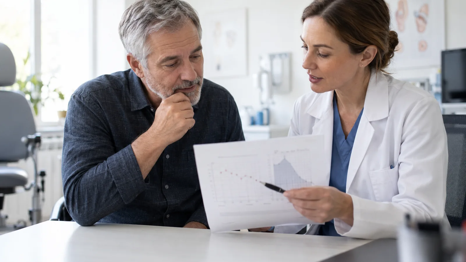Hombre adulto revisa con una profesional sanitaria una gráfica auditiva en una consulta.