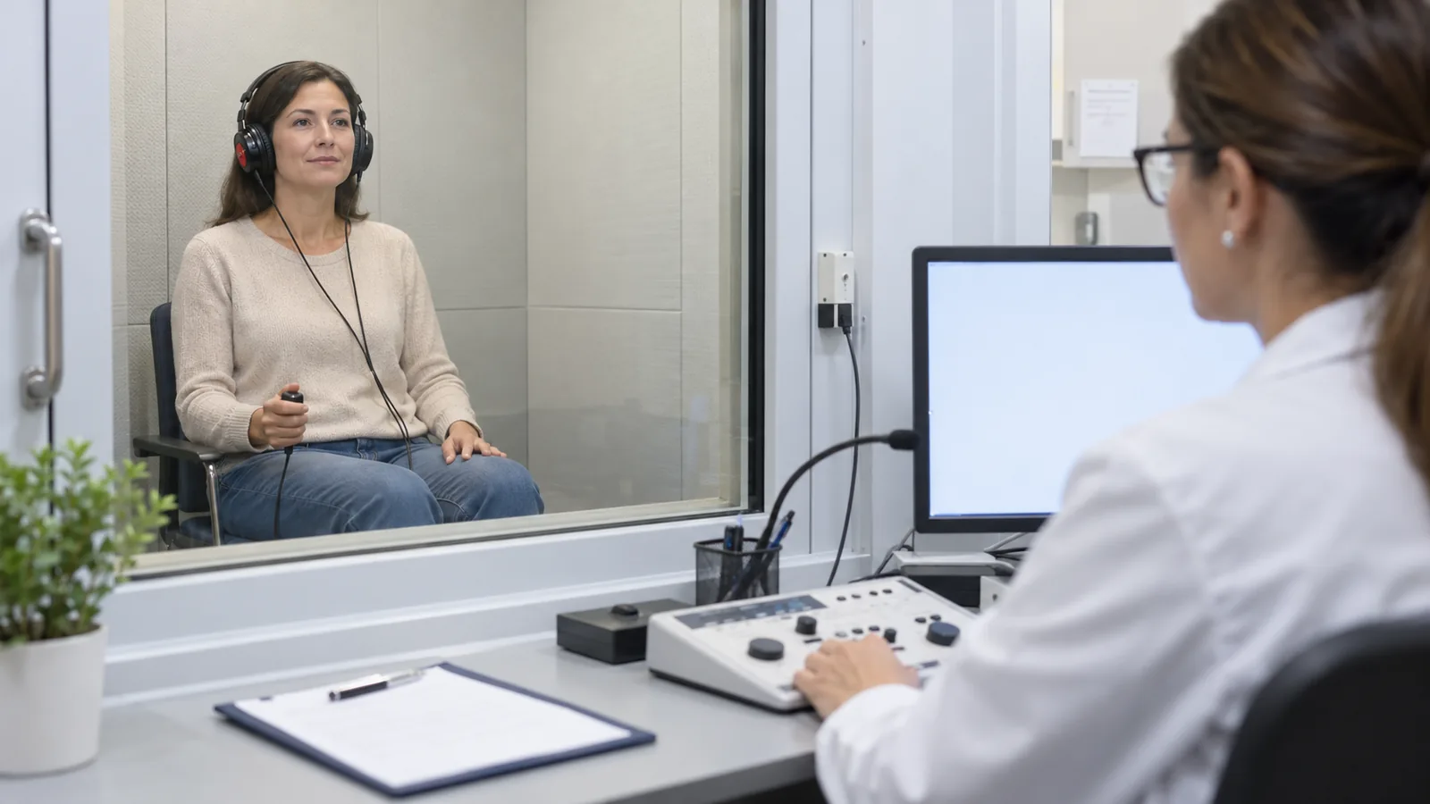 Una donna esegue un’audiometria con le cuffie mentre una specialista controlla l’esame