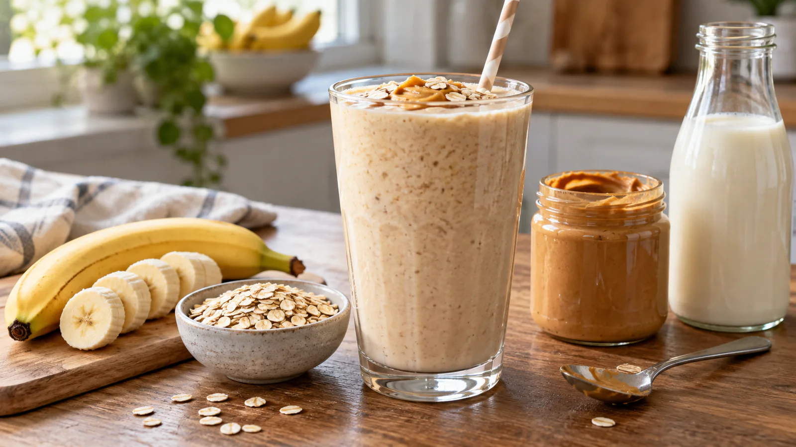 Høyt glass med smoothie ved siden av banan, havregryn, peanøttsmør og melk