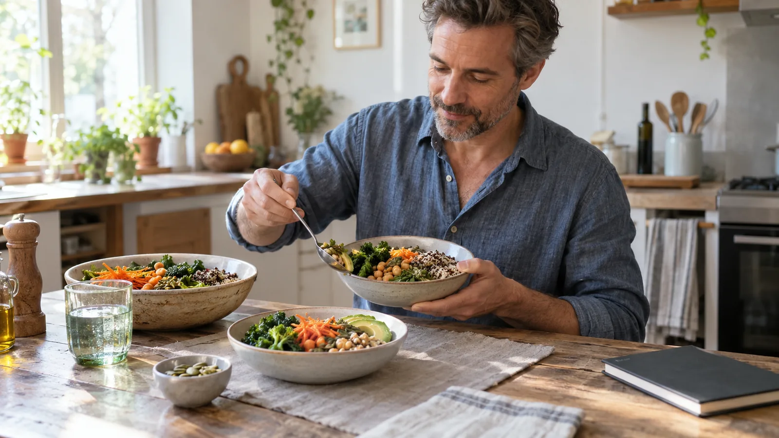 Un uomo serve un pasto di verdure, ceci e cereali nella sua cucina