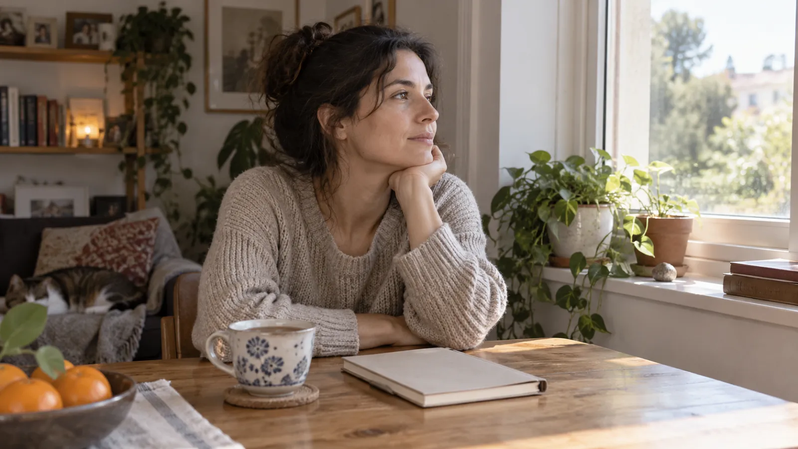 Vrouw zit in gedachten verzonken aan tafel bij het raam