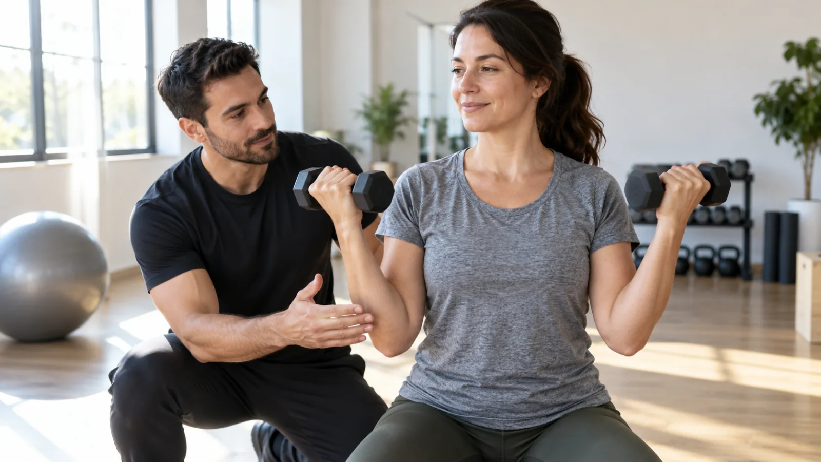 Vrouw traint met lichte gewichten onder begeleiding