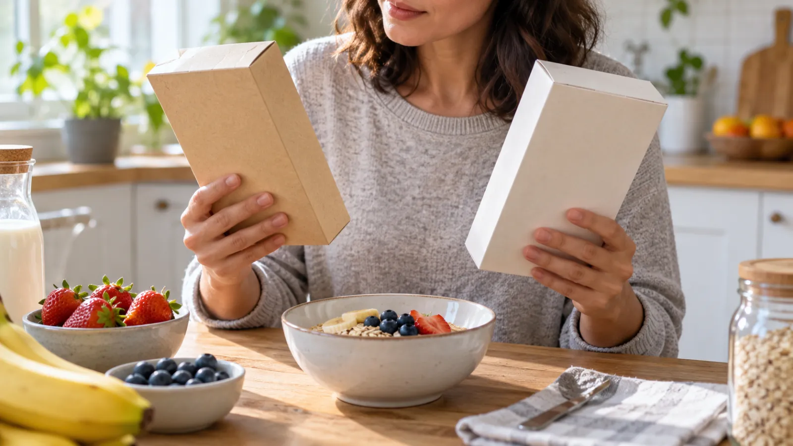 Una persona revisa dos envases sin marca junto a un cuenco de desayuno.