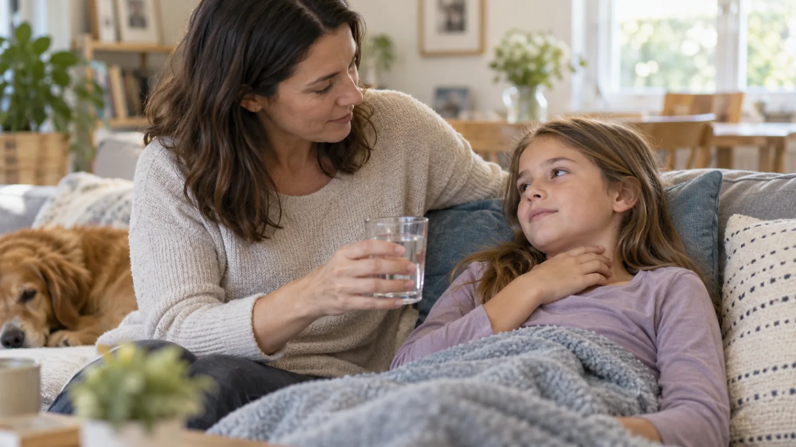 Pige med ondt i halsen ligger i en sofa, mens en voksen rækker hende et glas vand