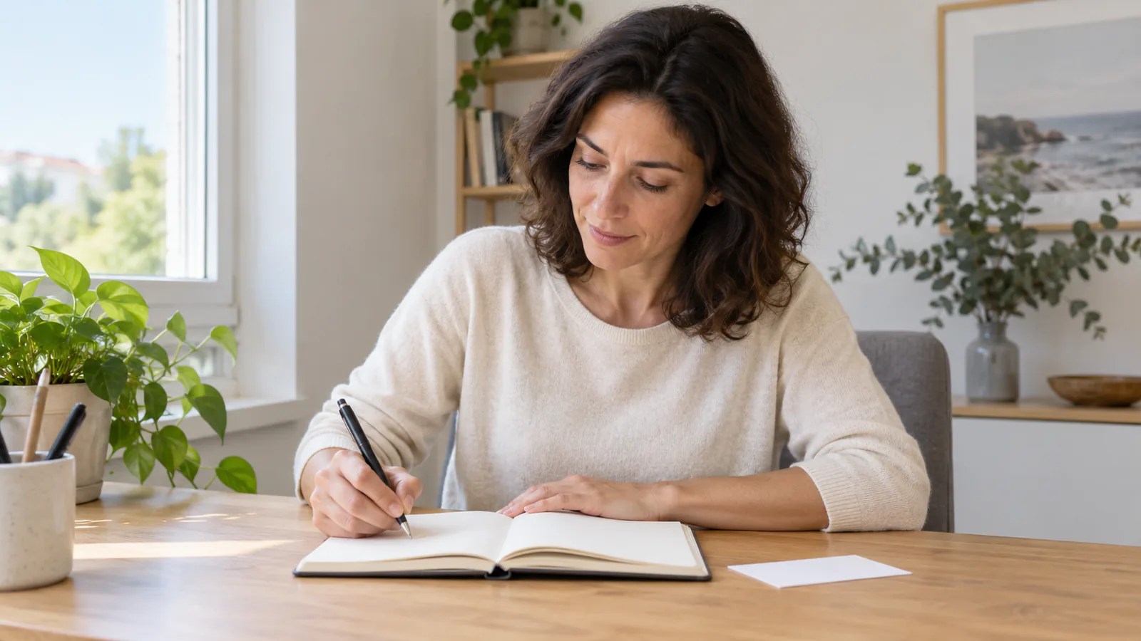 Mujer adulta escribe en un cuaderno en un espacio doméstico luminoso.