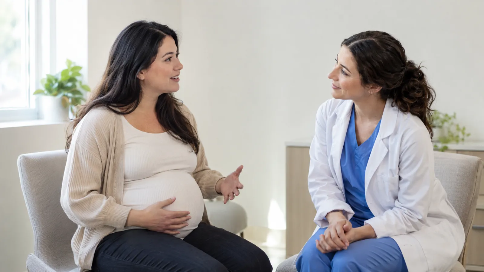 Gravid kvinde i samtale med en læge