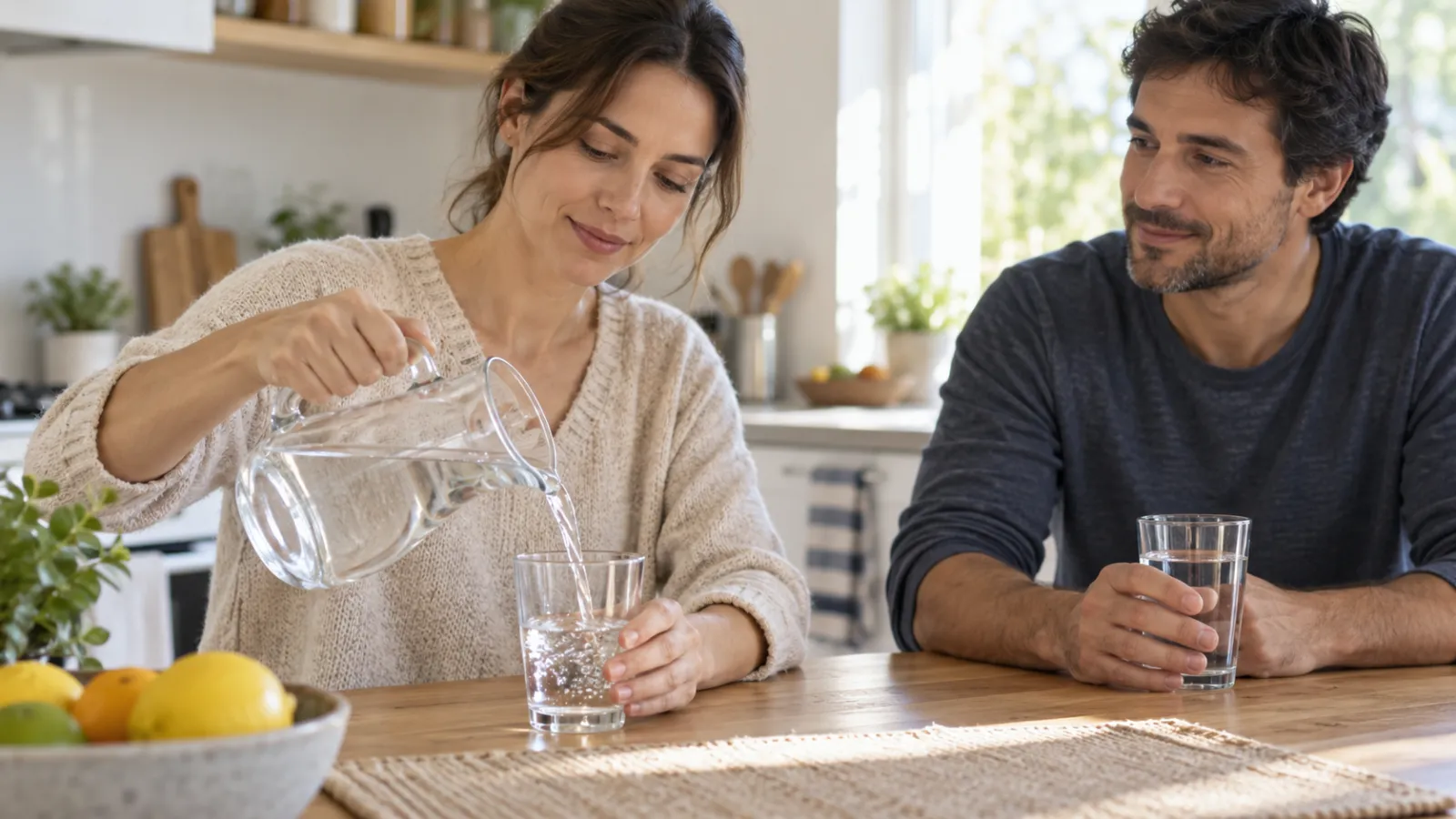 Dos personas sirven agua en una mesa de casa.
