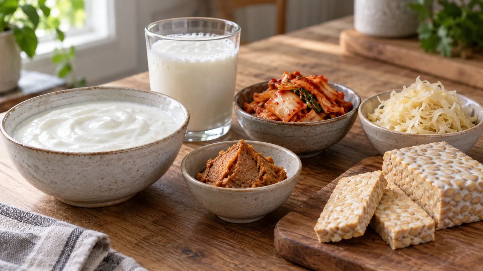 Yogurt, latte fermentato, verdure fermentate e cracker su un tavolo