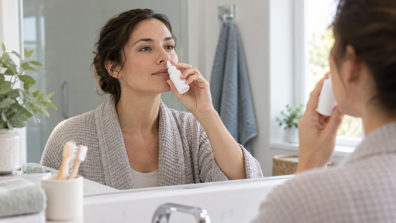 Uma mulher usa um spray nasal de soro diante do espelho do banheiro