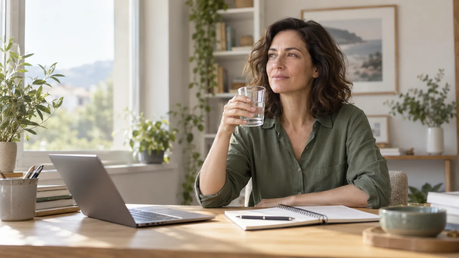 Persona adulta hace una pausa junto a un vaso de agua en su espacio de trabajo.