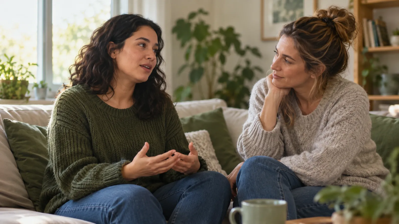 Una persona comparte algo personal con una amistad que escucha con atención.