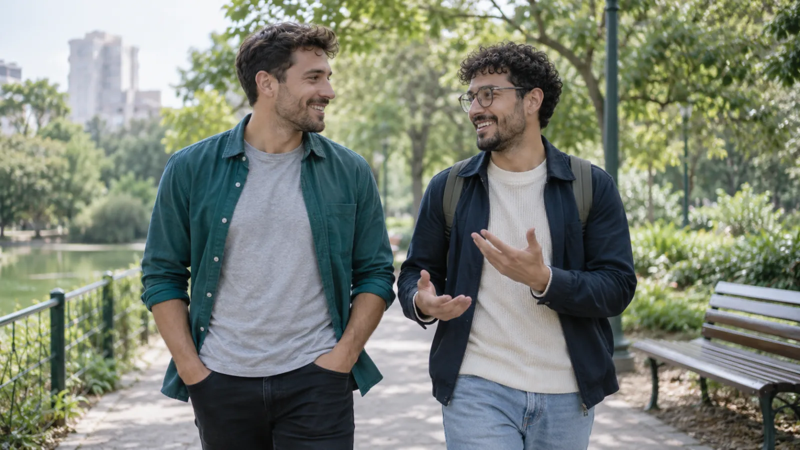 Dos personas adultas conversan durante un paseo por un parque.
