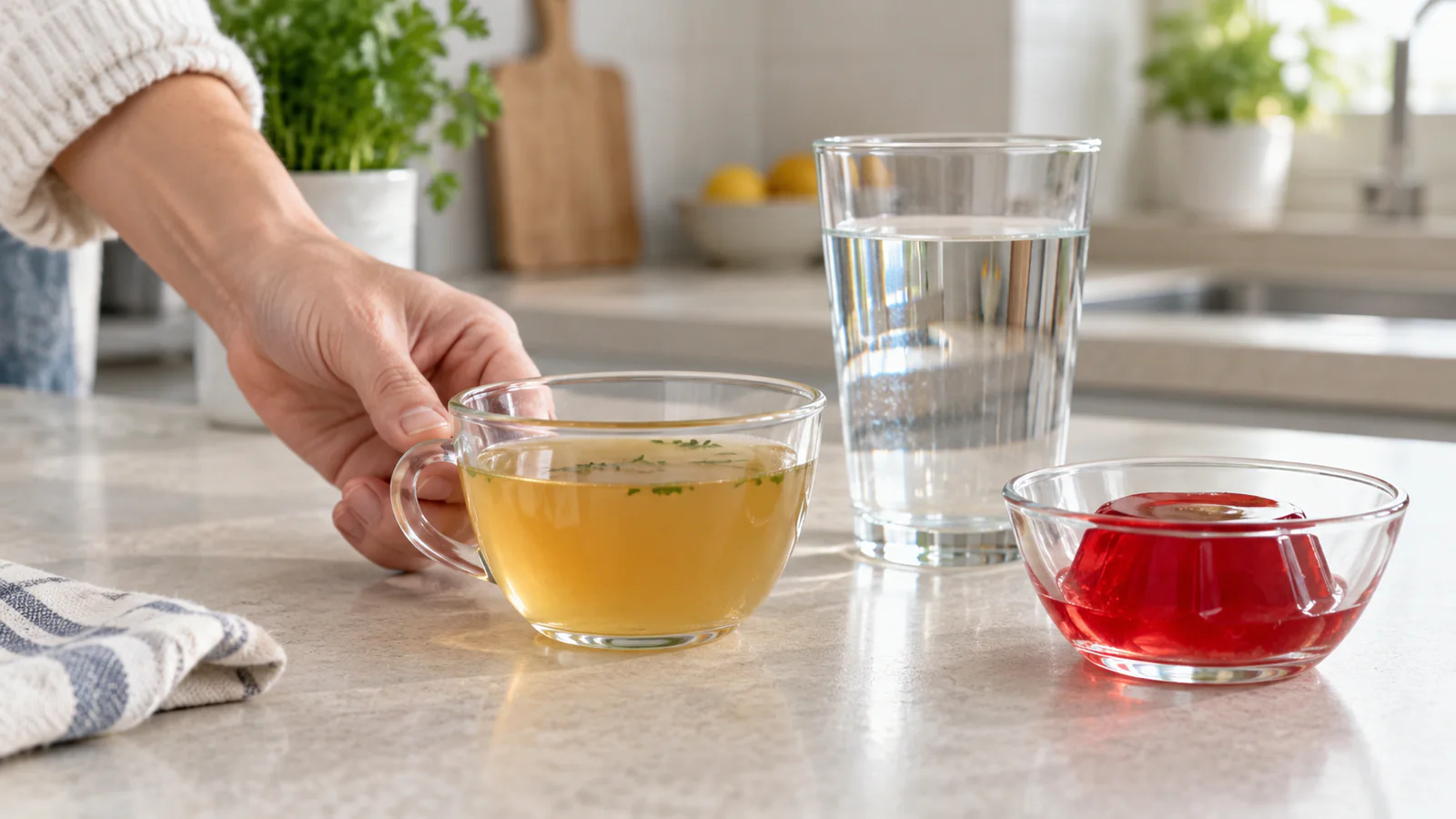 En kopp buljong och ett glas vatten