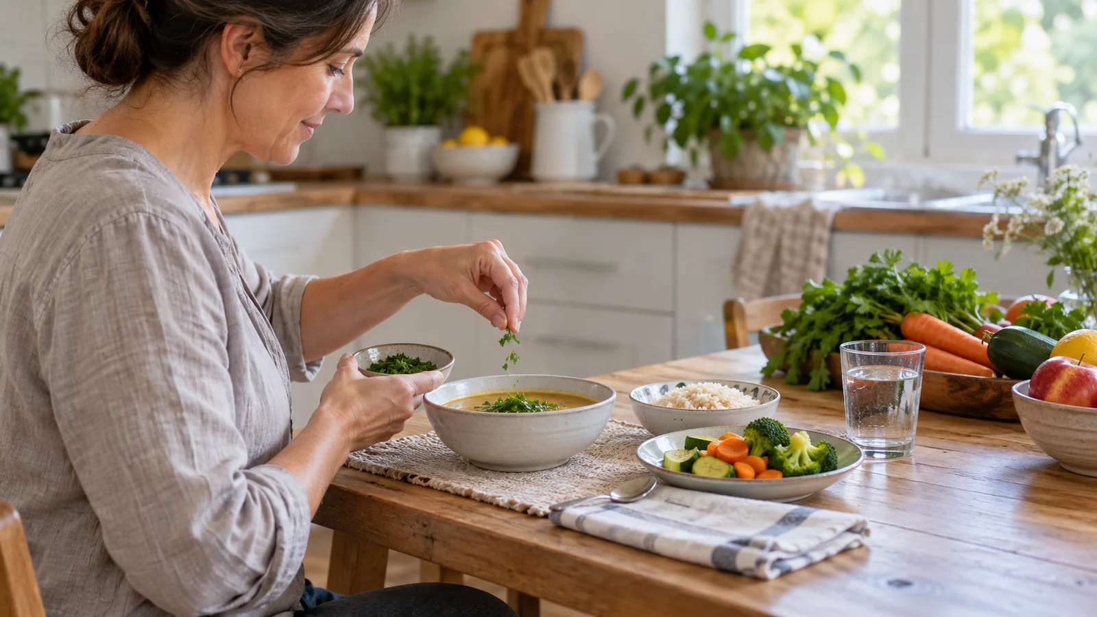 Un adulto prepara riso, brodo e verdure cotte nella cucina di casa