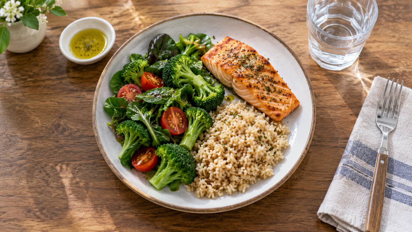 Um prato com peixe grelhado, arroz integral e verduras, com água e azeite ao lado
