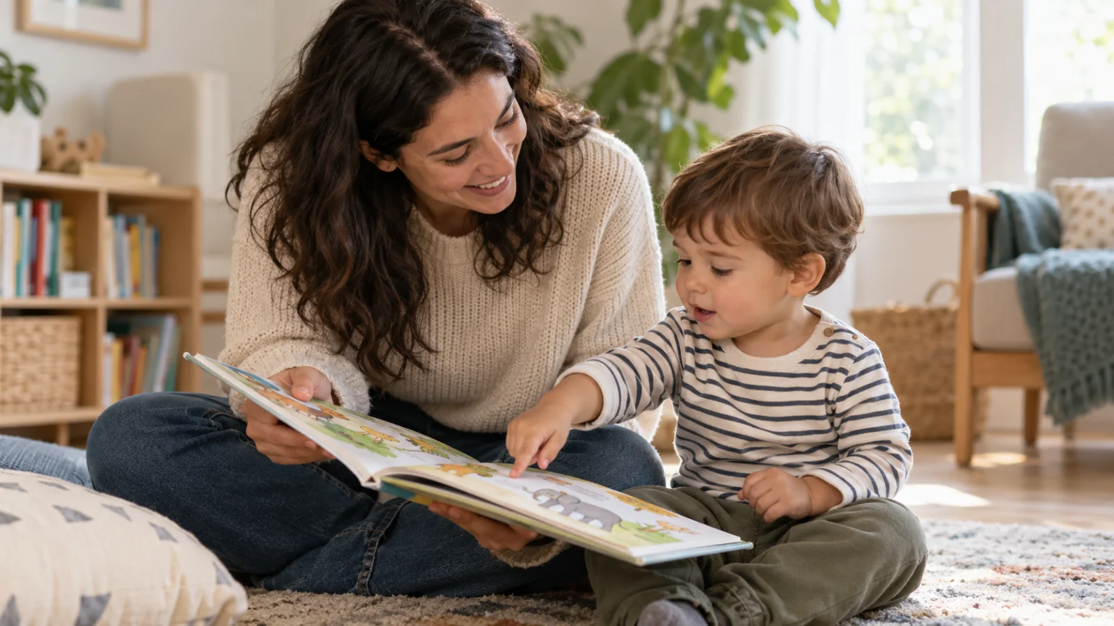 Un adulto e un bambino piccolo guardano insieme un libro illustrato a casa