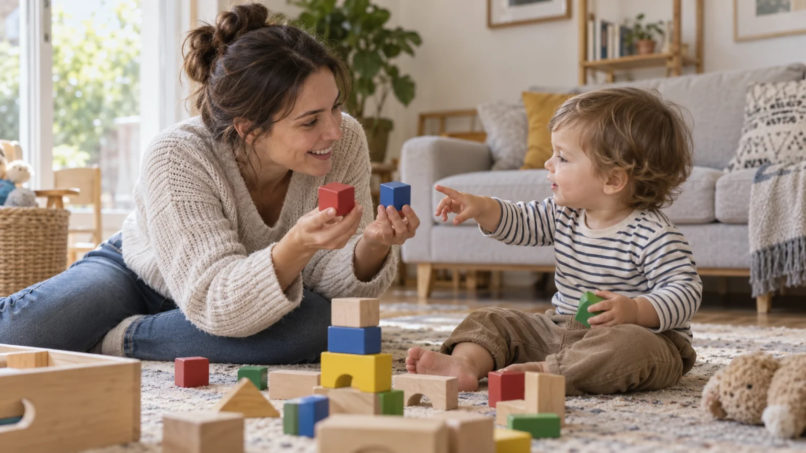 Una madre gioca con le costruzioni insieme al suo bambino piccolo sul tappeto