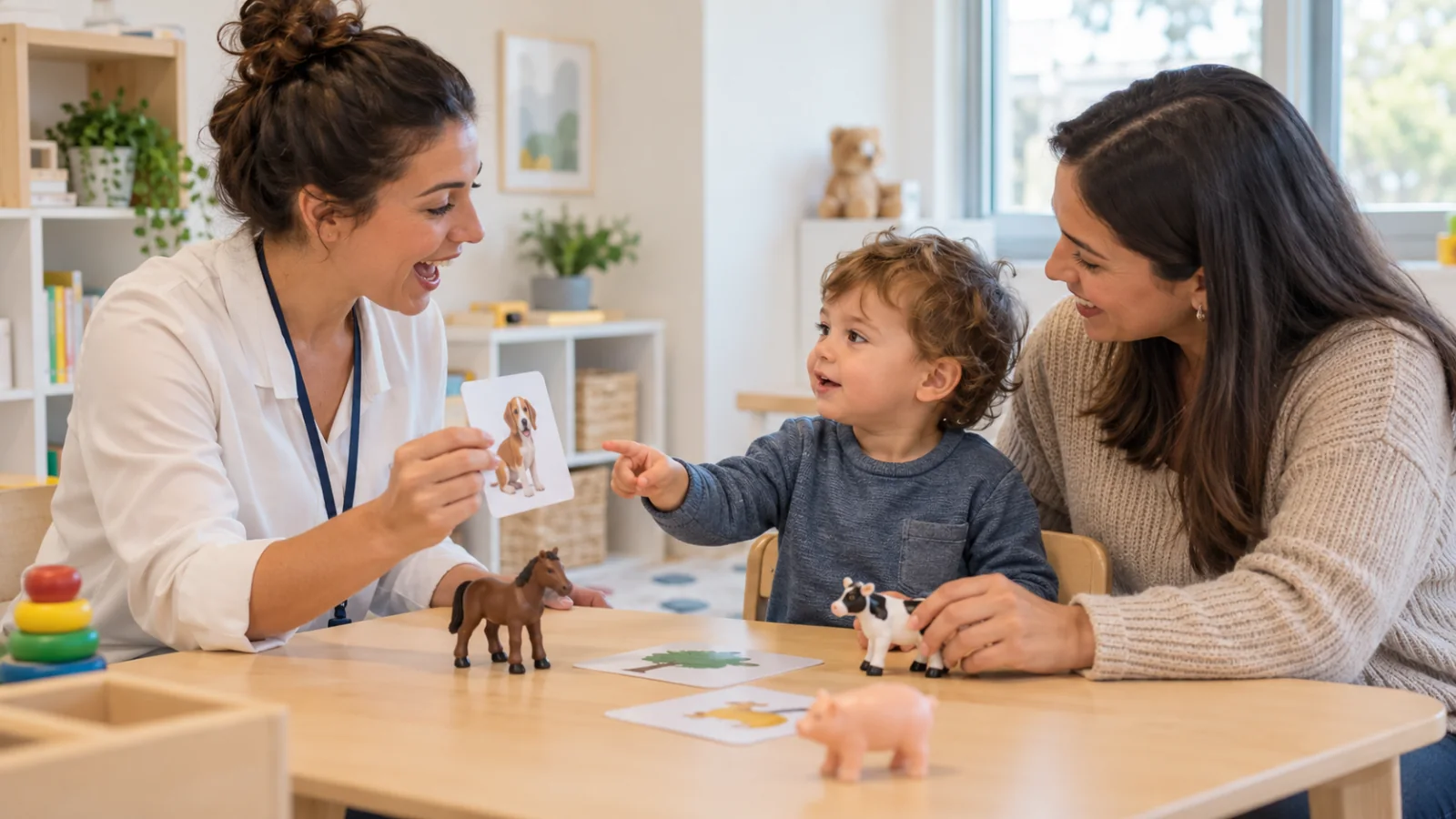 Una logopedista gioca con animali giocattolo insieme a un bambino piccolo e alla madre