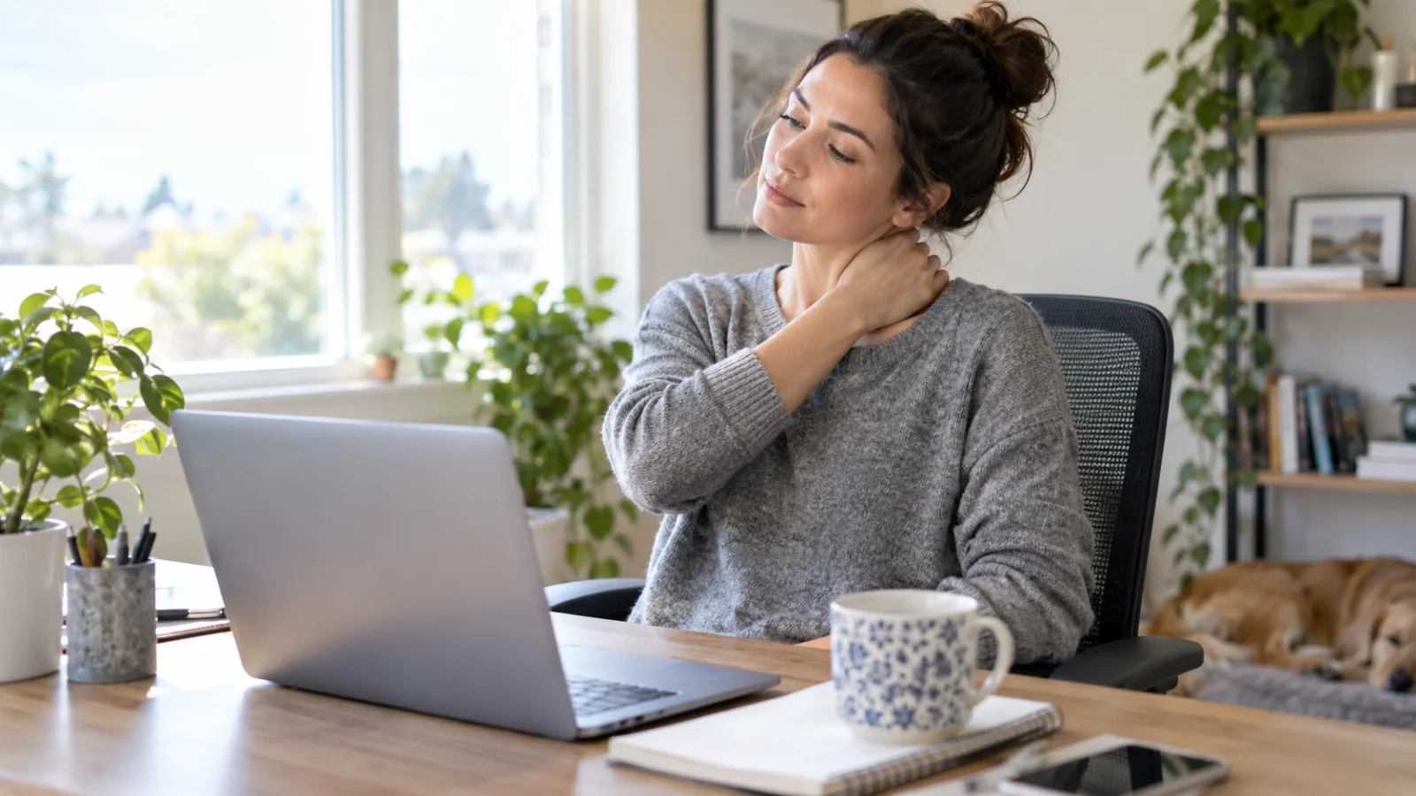 Uma pessoa adulta apoia suavemente o pescoço sentada diante do computador