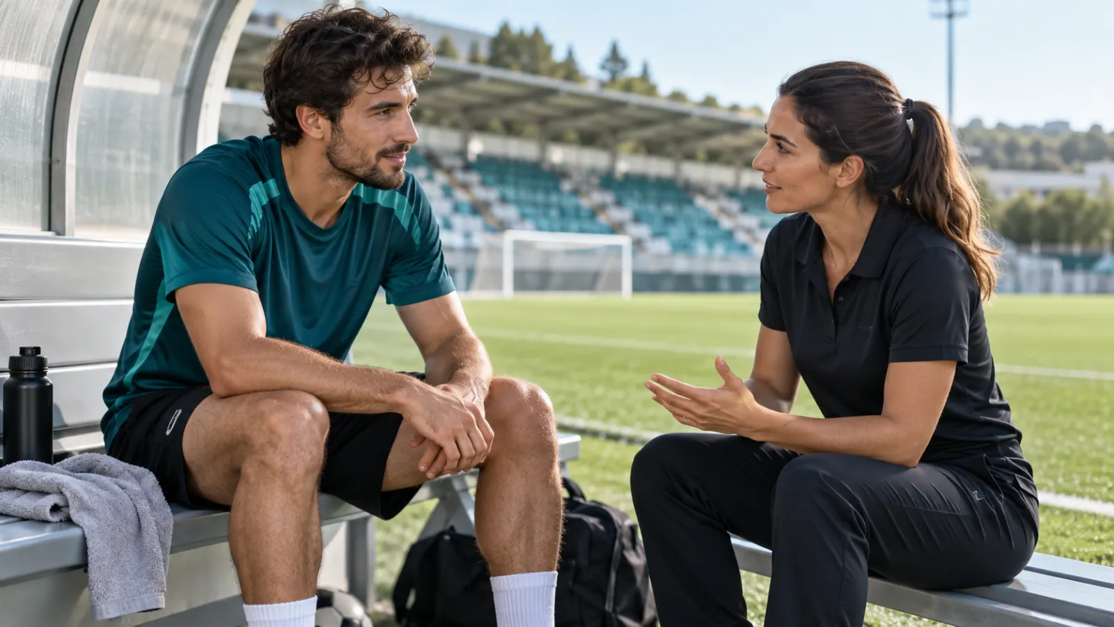 Voetballer zit langs het veld in gesprek met een begeleider