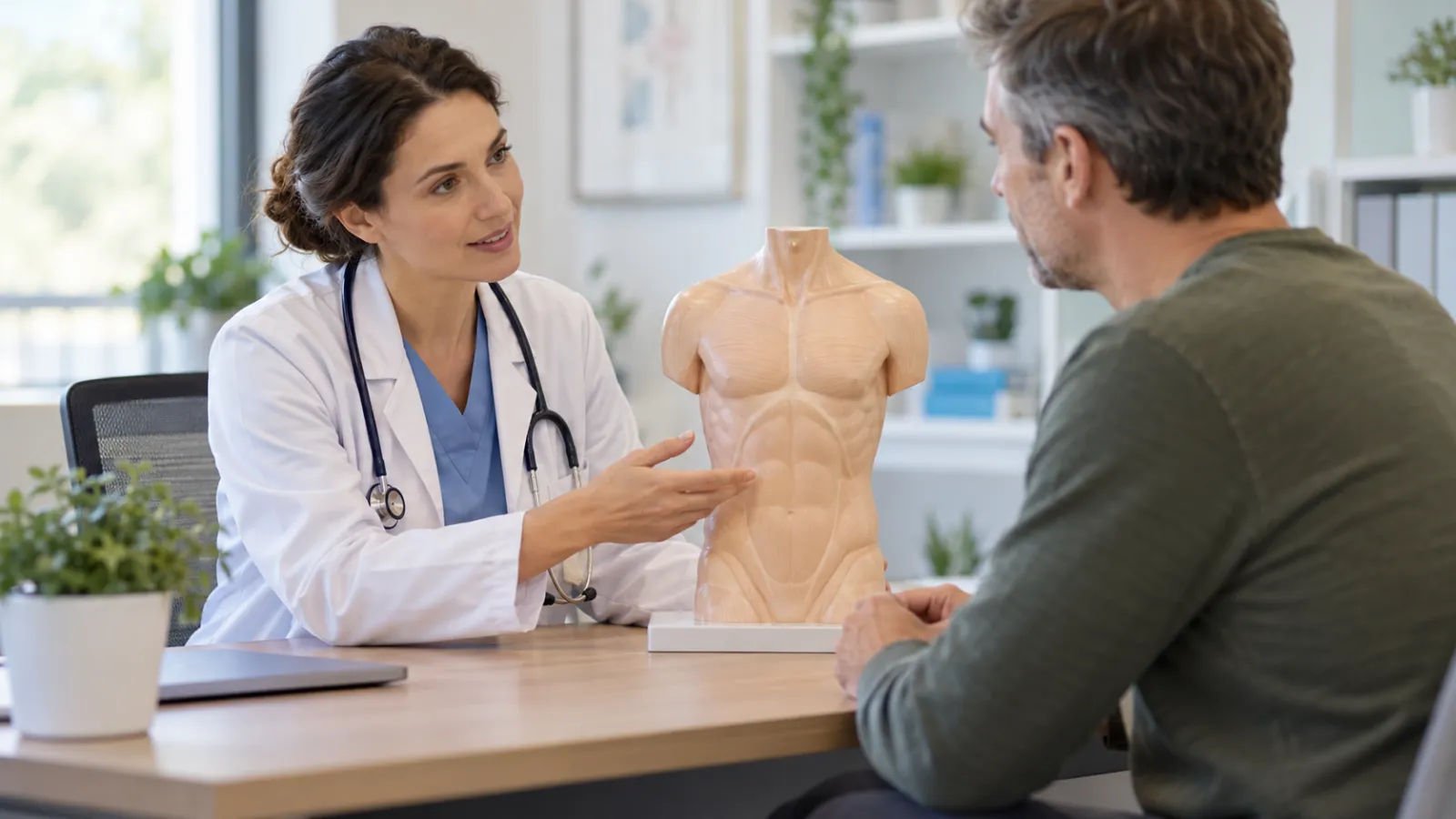 Una médica conversa con un paciente y utiliza una maqueta anatómica durante la explicación.
