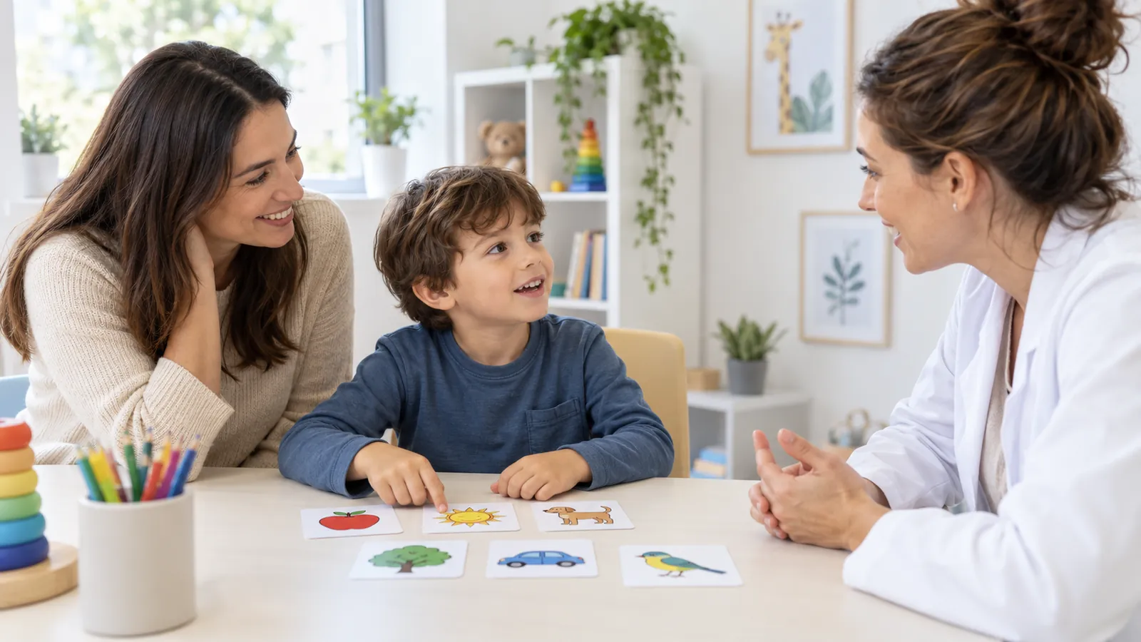 Una logopedista lavora con un bambino e la madre usando carte illustrate sul tavolo