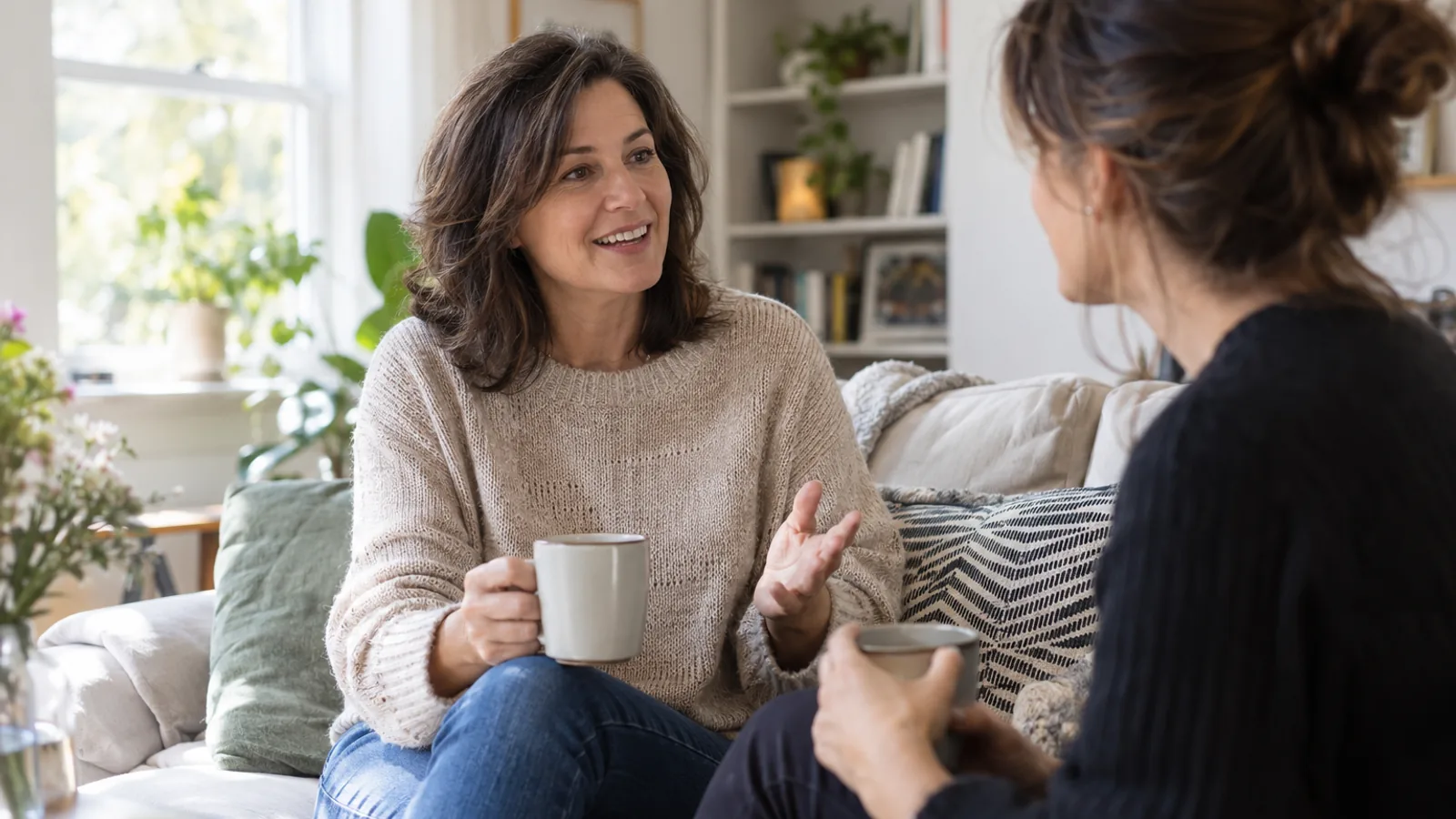 Dos mujeres adultas conversan sentadas en una sala luminosa.