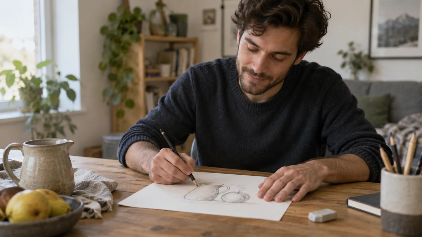 Hombre adulto dibuja en una hoja mientras practica una habilidad creativa en casa.
