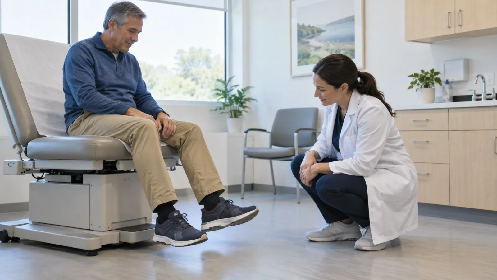 Una fisioterapeuta observa el apoyo y la movilidad del pie de un paciente sentado.