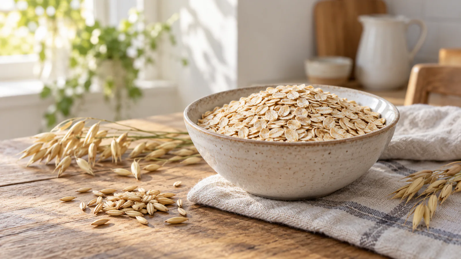 Copos de avena en un cuenco junto a granos y espigas de avena.